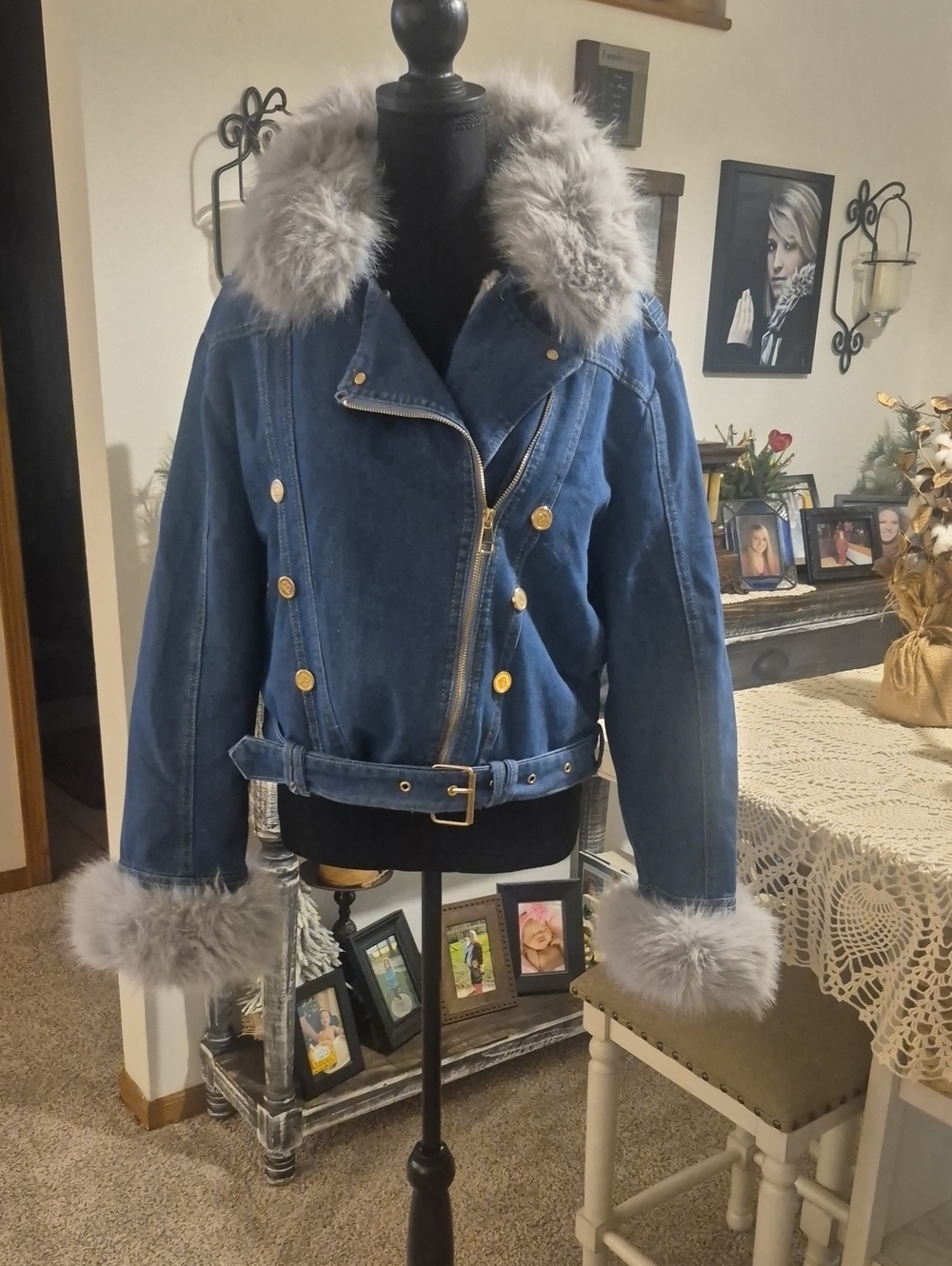 Womens Blue Faux-Fur Trim Denim Jacket (Two Jackets In One)